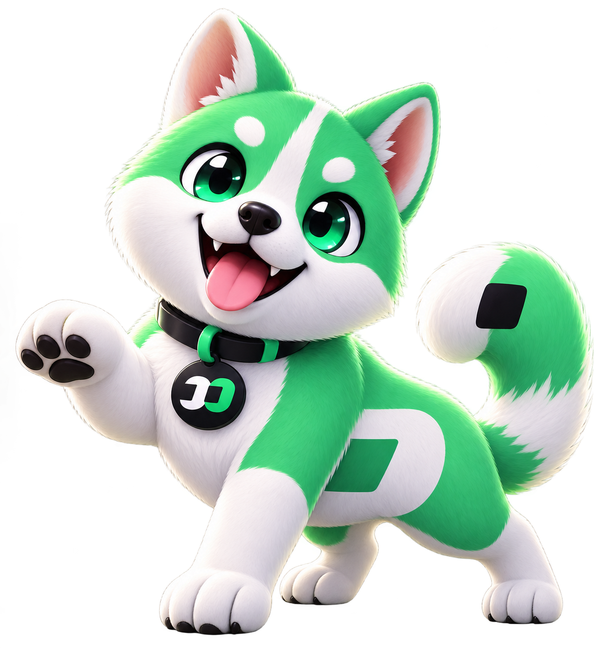 Pump Family Dog mascot, a green and white Shiba with a capsule tag